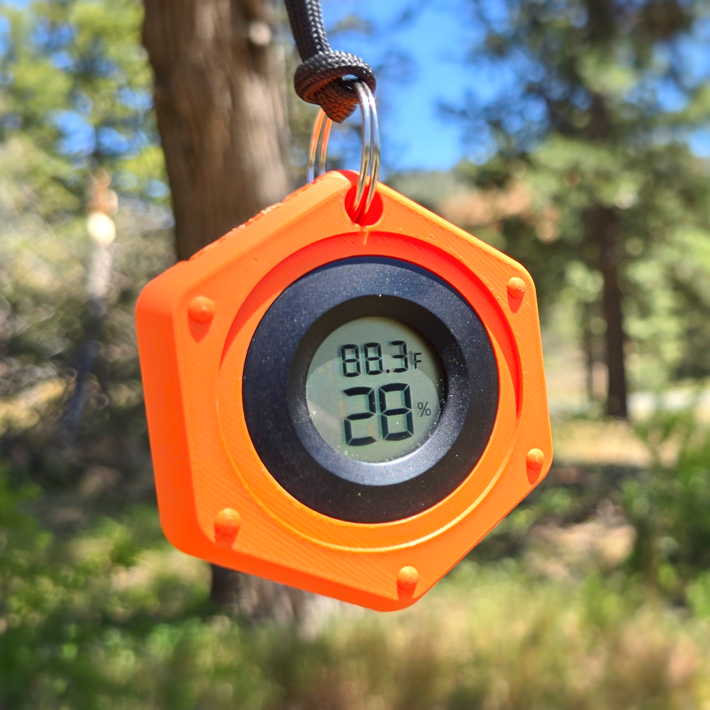 EnviroChecker - Link. Portable Thermometer, Thermometer Keychain, Hygrometer Keychain, Bag Charm, field research tool, temperature checker, humidity checker, hiking accessories, travel accessories, accurate reading, gifts for him, gifts for her, EDC gear, Ultra Light Gear, Camping gear, Ceiba Outfitters, Ceiba Travel, Ceiba Gear, Black, Night Camo, LCD Backlit Screen,