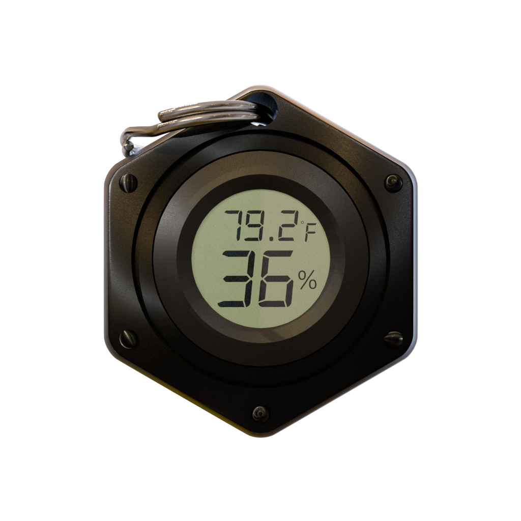 EnviroChecker - Link. Portable Thermometer, Thermometer Keychain, Hygrometer Keychain, Bag Charm, field research tool, temperature checker, humidity checker, hiking accessories, travel accessories, accurate reading, gifts for him, gifts for her, EDC gear, Ultra Light Gear, Camping gear, Ceiba Outfitters, Ceiba Travel, Ceiba Gear, Black, Night Camo, LCD Backlit Screen,