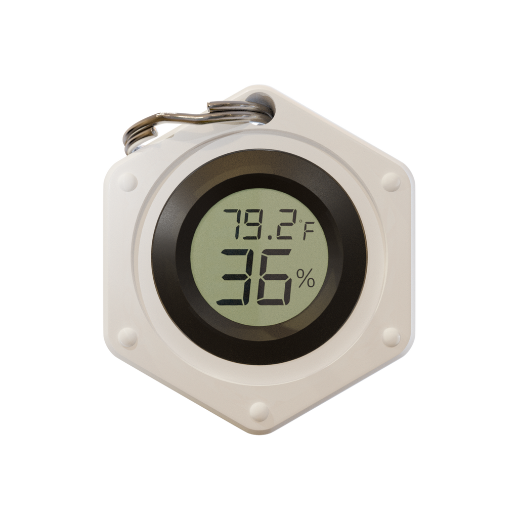 EnviroChecker - Link. Portable Thermometer, Thermometer Keychain, Hygrometer Keychain, Bag Charm, field research tool, temperature checker, humidity checker, hiking accessories, travel accessories, accurate reading, gifts for him, gifts for her, EDC gear, Ultra Light Gear, Camping gear, Ceiba Outfitters, Ceiba Travel, Ceiba Gear, White, Snow Camo, LCD Backlit Screen,